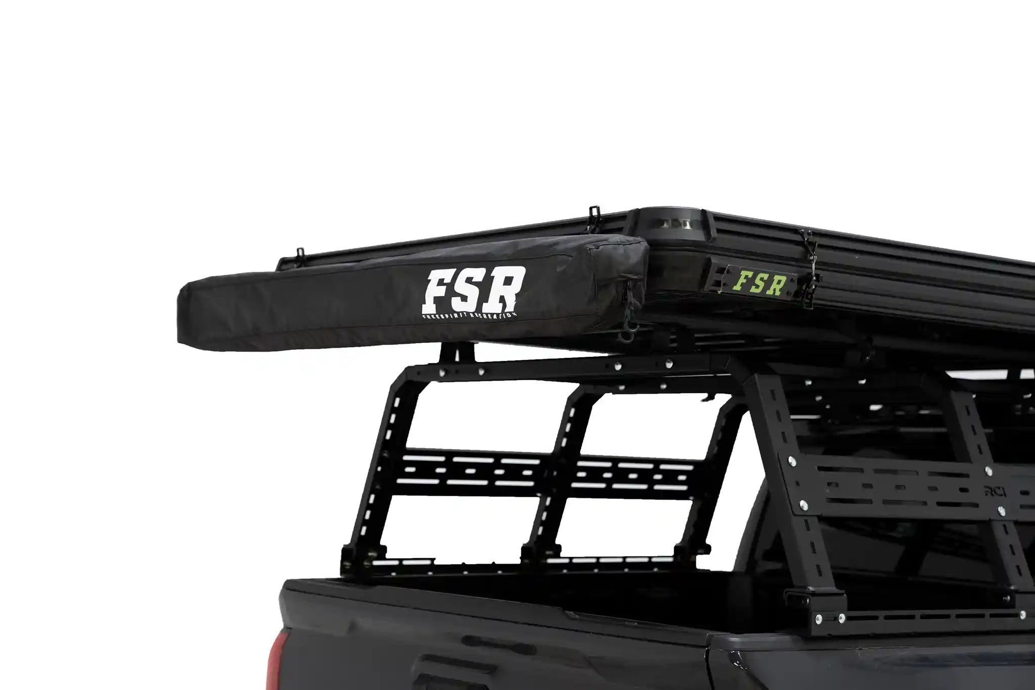 FSR 180 Tailgate Awning mounted closed on a rooftop tent showing compact 59 inch stowed profile