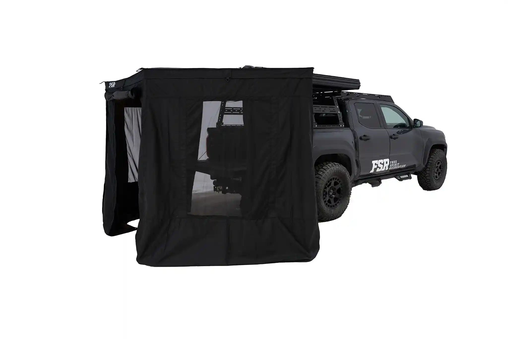 FSR 180 Tailgate Awning Walls 96 inch fitted with the door and windows open creating an enclosed rear room