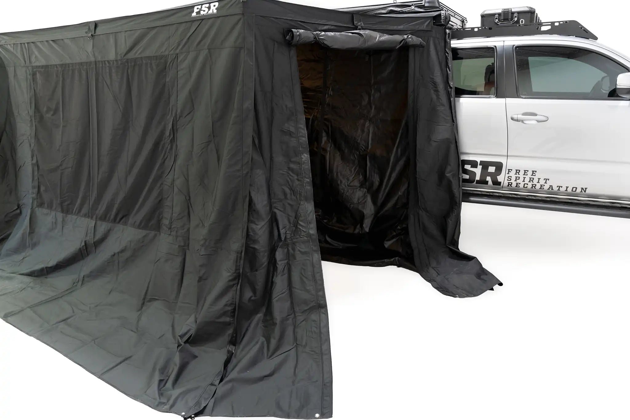 FSR 270 Awning Walls V2 installed creating an enclosed awning room with the door panel open