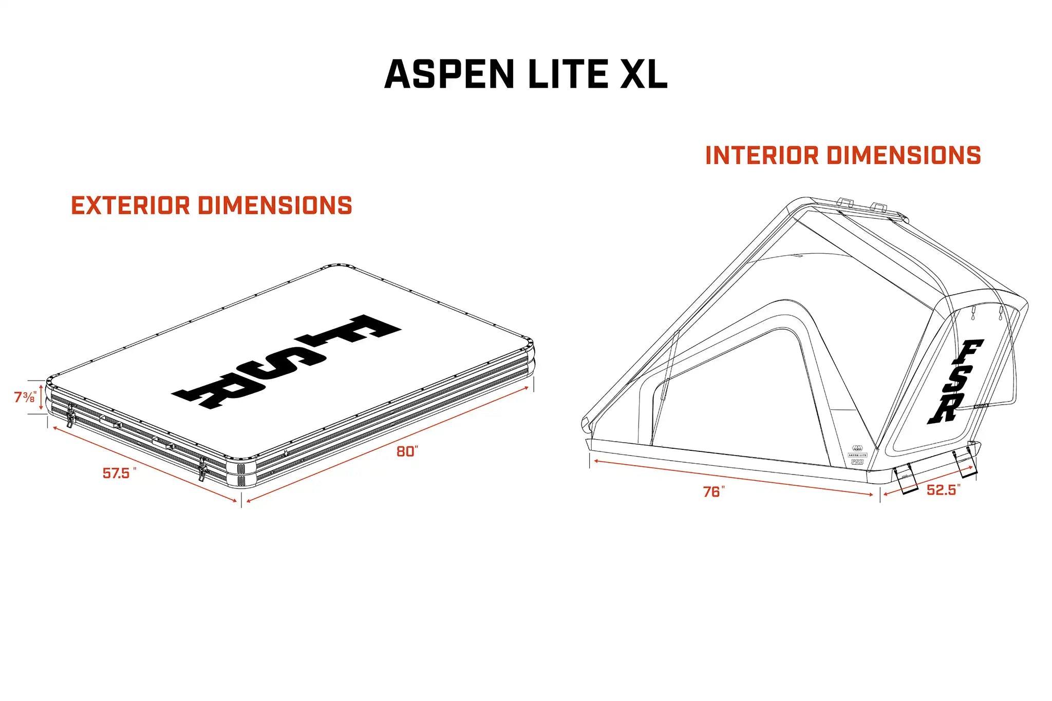 FSR Aspen Lite XL rooftop tent dimensions diagram showing open and closed measurements