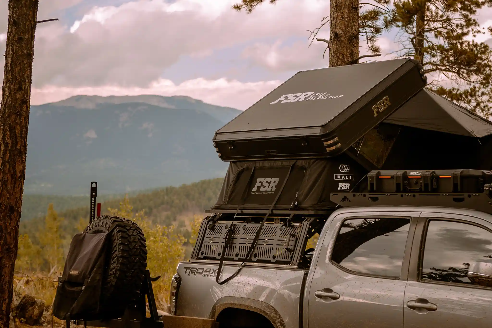FSR Kali rooftop tent closed on a truck bed rack showing aluminum hard shell profile