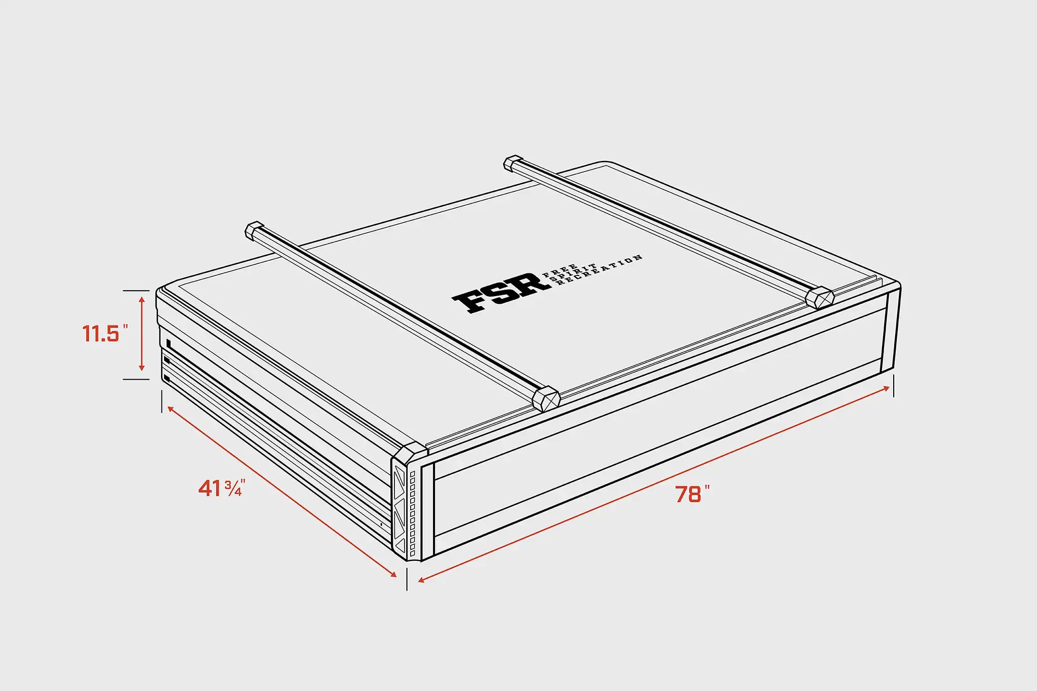 FSR Nova King rooftop tent closed dimensions 42 by 78 inches diagram