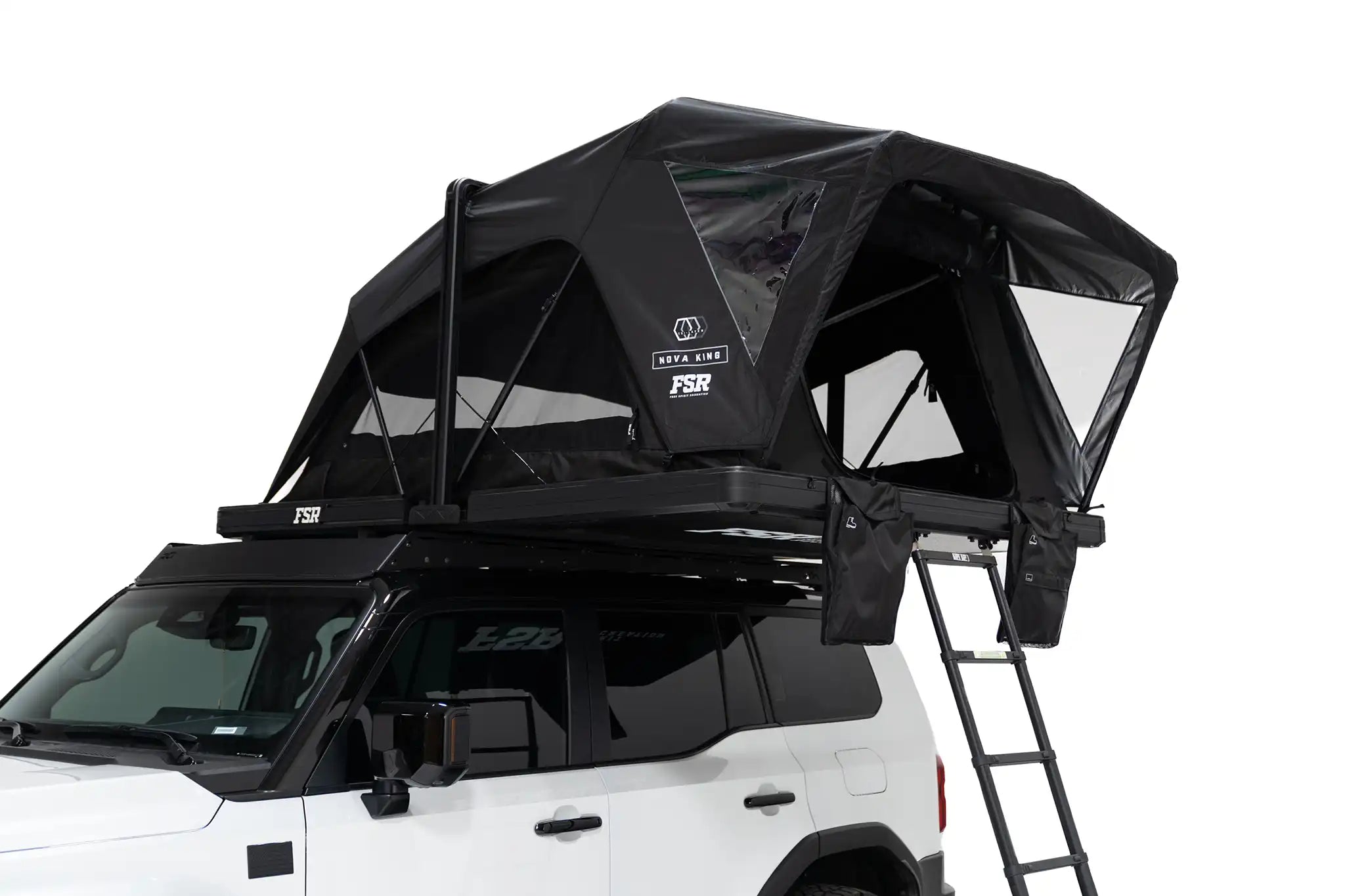 FSR Nova King rooftop tent mounted on roof rack fully opened with doors and windows deployed