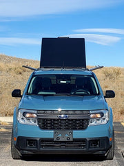 Front View Of The Mounted GAIA Campers Ford Maverick Truck Cap With The Pop Top Lid Opened 