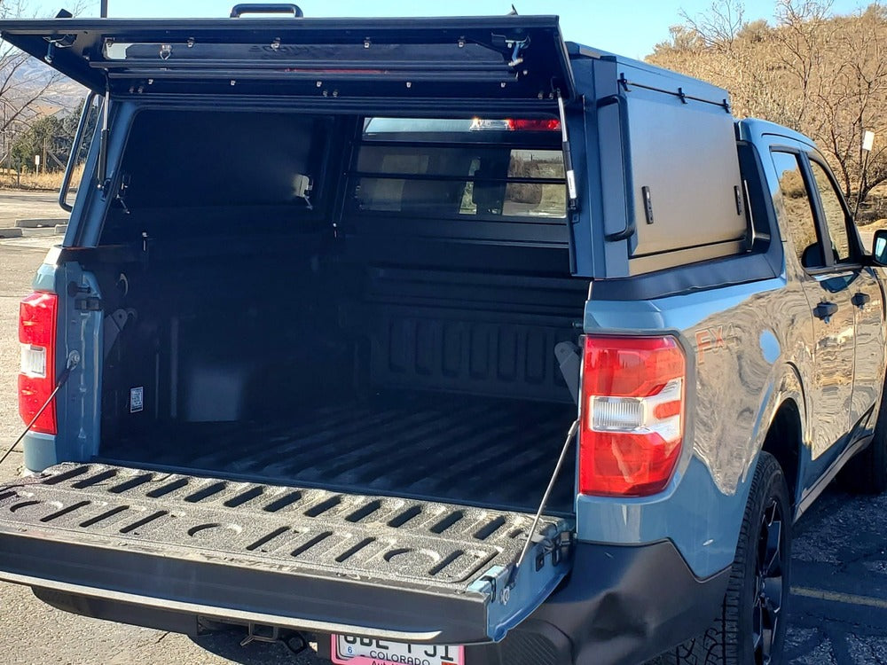 GAIA Campers Ford Maverick Truck Cap Mounted With Opened Doors