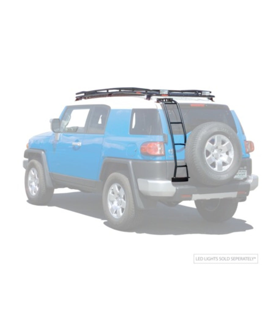 Rear View Of The GOBI Toyota FJ Cruiser Stealth Roof Rack With A Ladder