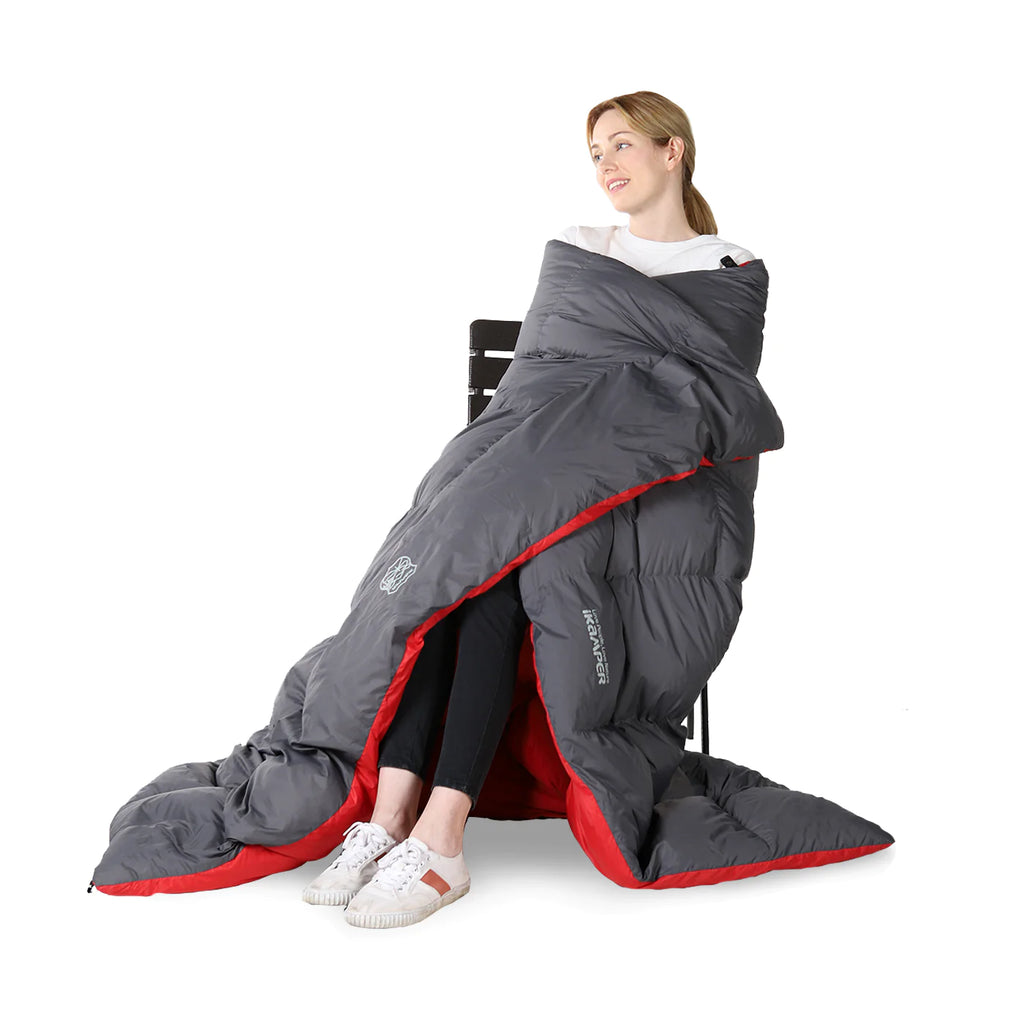 Image showing a woman using the RTT blanket from iKamper to cover herself