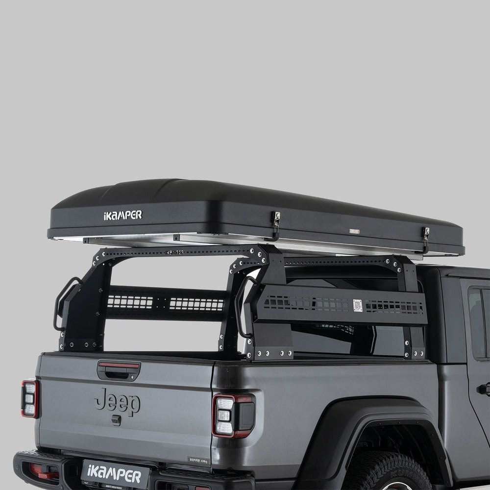 iKamper Jeep Gladiator Raconteur Bed Rack Full Height With A Roof Top Tent Mounted On It