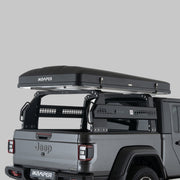 iKamper Jeep Gladiator Raconteur Bed Rack Full Height With A Roof Top Tent Mounted On It