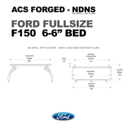 Fitment specs for the ACS Forged rack on a Ford F150 with a 6-foot-6-inch bed, showing a 76.0-inch total rack length and 71.7-inch max load bar spacing.