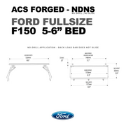 Technical drawing for the Ford F150 5-foot-6-inch bed rack, noting a 62.0-inch rack length and 57.7-inch maximum distance between load bars.