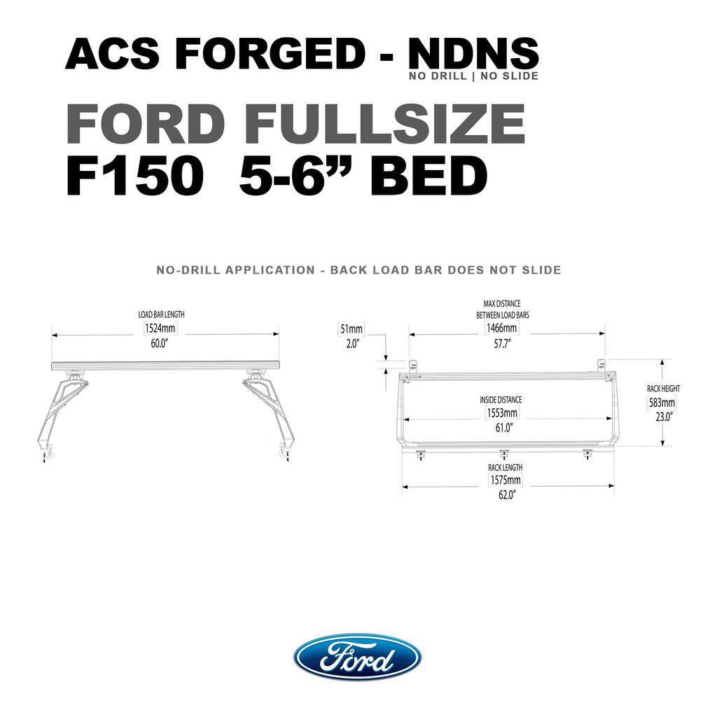 Technical drawing for the Ford F150 5-foot-6-inch bed rack, noting a 62.0-inch rack length and 57.7-inch maximum distance between load bars.