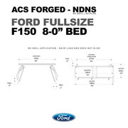 Dimension diagram for the ACS Forged rack fitment on a Ford F150 8-foot bed, indicating a 60.0-inch load bar and a 2273mm maximum distance between load bars.
