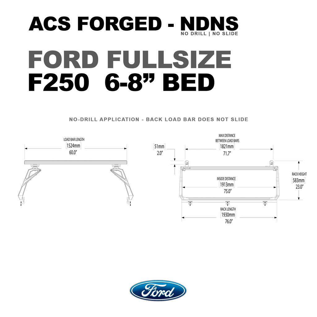 Technical specifications for the Ford F250 with a 6-foot-8-inch bed, showing a max distance between load bars of 71.7 inches and a $1524mm load bar length.