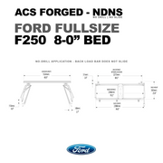 Spec sheet for the ACS Forged no-drill bed rack for Ford F250 8-foot beds, detailing a $23.0-inch rack height and 94.0-inch total rack length.