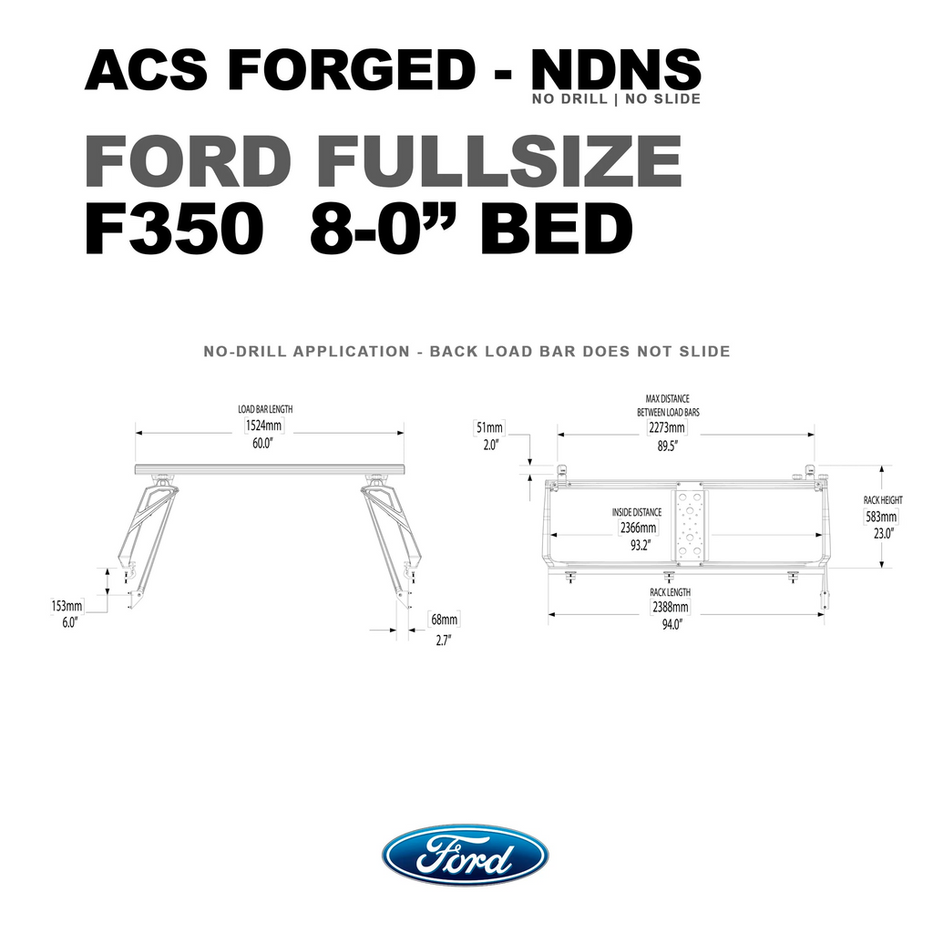 Dimension sheet for the Leitner Designs ACS Forged rack for Ford F350 8-foot beds, specifying a $60.0-inch load bar length and a max distance of $89.5 inches between load bars.