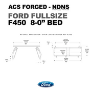 Technical dimension diagram for the ACS Forged NDNS bed rack on a Ford F450 with an 8-foot bed, showing a rack height of $23.0 inches and a total rack length of $94.0 inches.