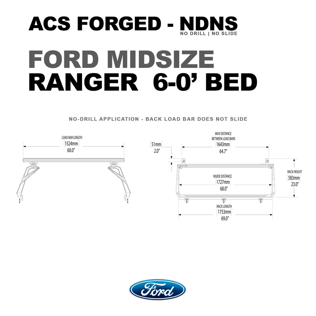 Technical spec sheet for the Ford Ranger 6-foot midsize bed rack, showing a 69.0-inch rack length and 64.7-inch maximum distance between load bars.