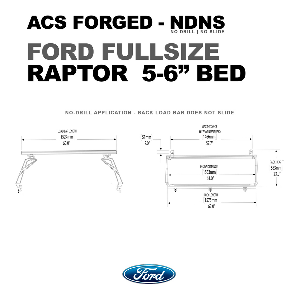 Dimensional specifications for the Ford Raptor 5-foot-6-inch bed rack, featuring a 23.0-inch height and 1553mm inside distance between supports.