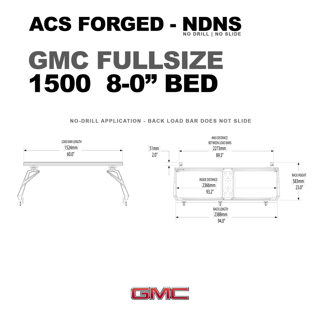 Technical specification drawing for the ACS Forged NDNS bed rack for a GMC 1500 with an 8-0” bed. Key dimensions: 94.0” rack length and 60.0” load bar length.