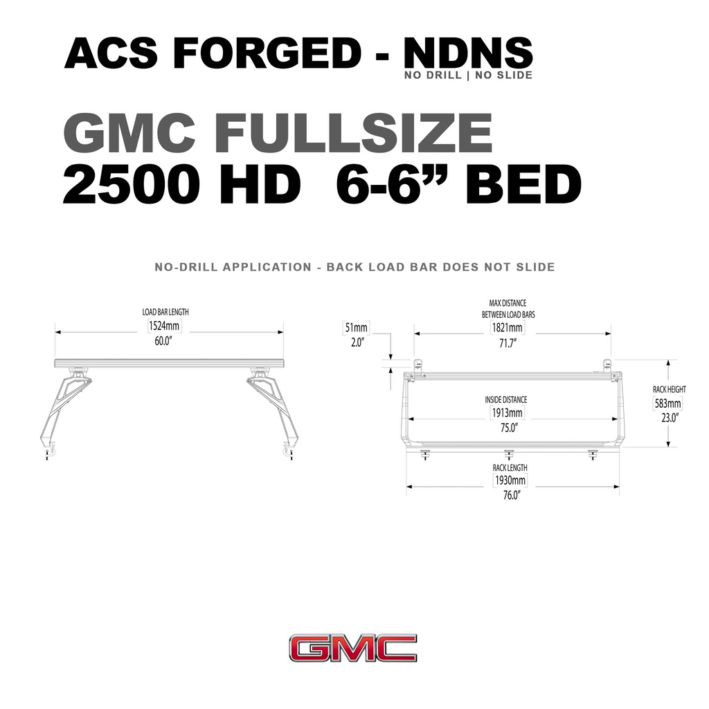 Technical specification drawing for the ACS Forged NDNS bed rack for a GMC 2500 HD with a 6-6” bed. Key dimensions: 76.0” rack length, 71.7” max distance between load bars, and 23.0” rack height.