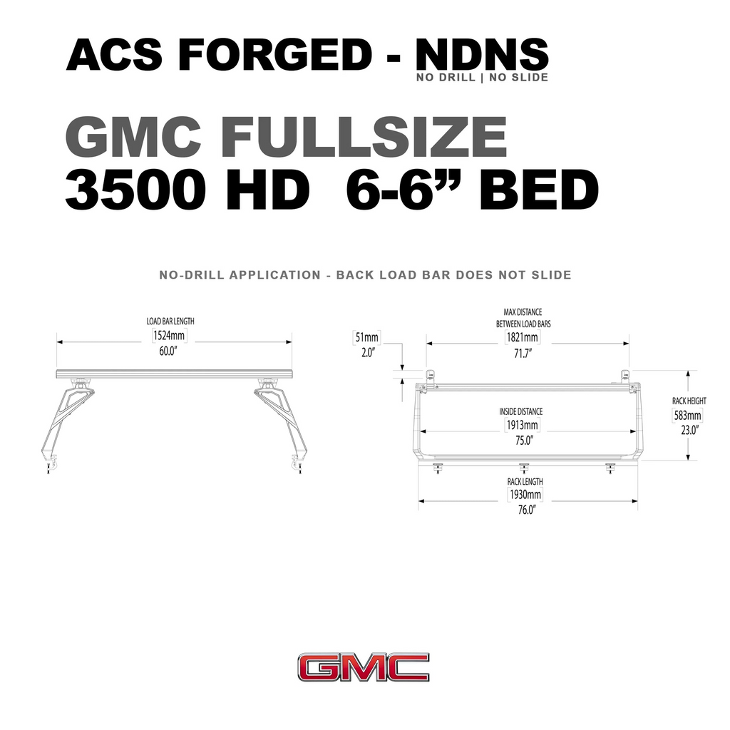 Technical specification drawing for the ACS Forged NDNS bed rack for a GMC 3500 HD with a 6-6” bed. Key dimensions: 76.0” rack length, 75.0” inside distance, and 23.0” rack height.