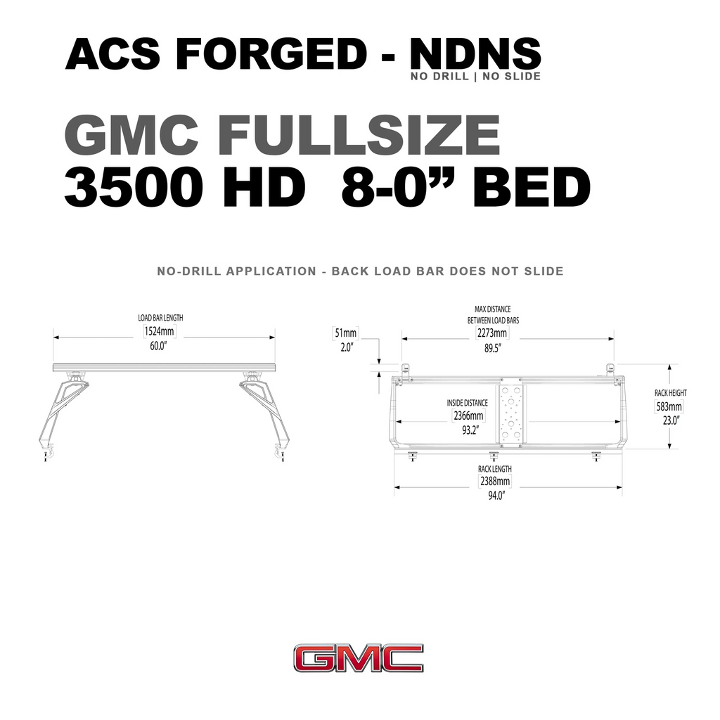 Technical specification drawing for the ACS Forged NDNS bed rack for a GMC 3500 HD with an 8-0” bed. Key dimensions: 94.0” rack length, 93.2” inside distance, and 23.0” rack height.