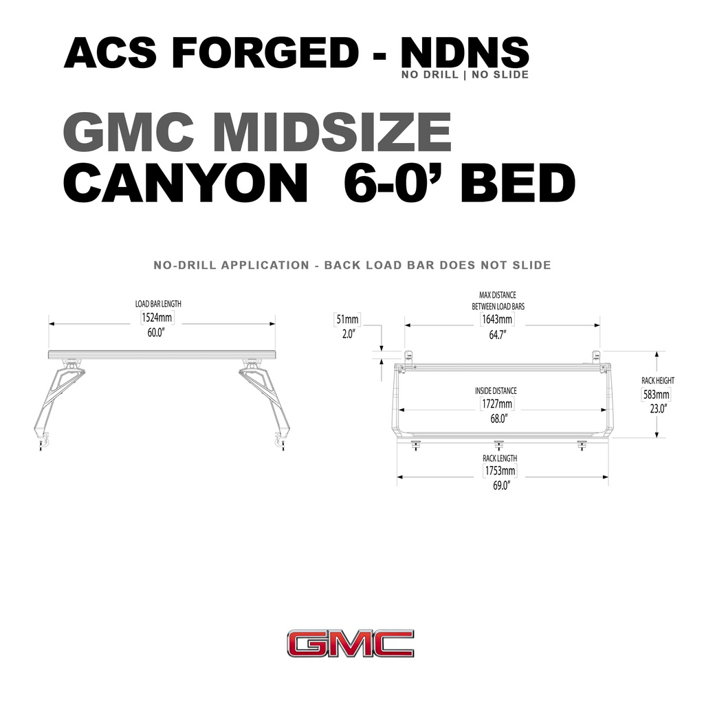 Technical specification drawing for the ACS Forged NDNS bed rack for a GMC Canyon with a 6-0” bed. Key dimensions: 69.0” rack length and 68.0” inside distance.