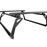 A high-resolution product render of the complete Leitner Designs ACS Forged bed rack system. The image shows the full assembly, including the dual horizontal side rails, two load bars across the top, and the four forged aluminum upright supports.