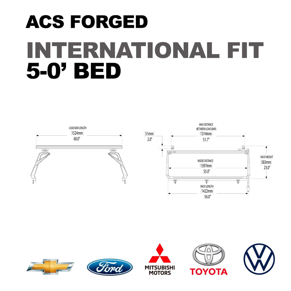 Technical dimension diagram for the ACS Forged International Fit for a 5-foot bed, displaying measurements like a 60-inch load bar length and 23-inch rack height.