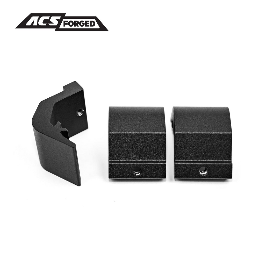 Three black powder-coated metal C-clamps designed for securing the bed rack rails to a truck's bed caps without drilling.