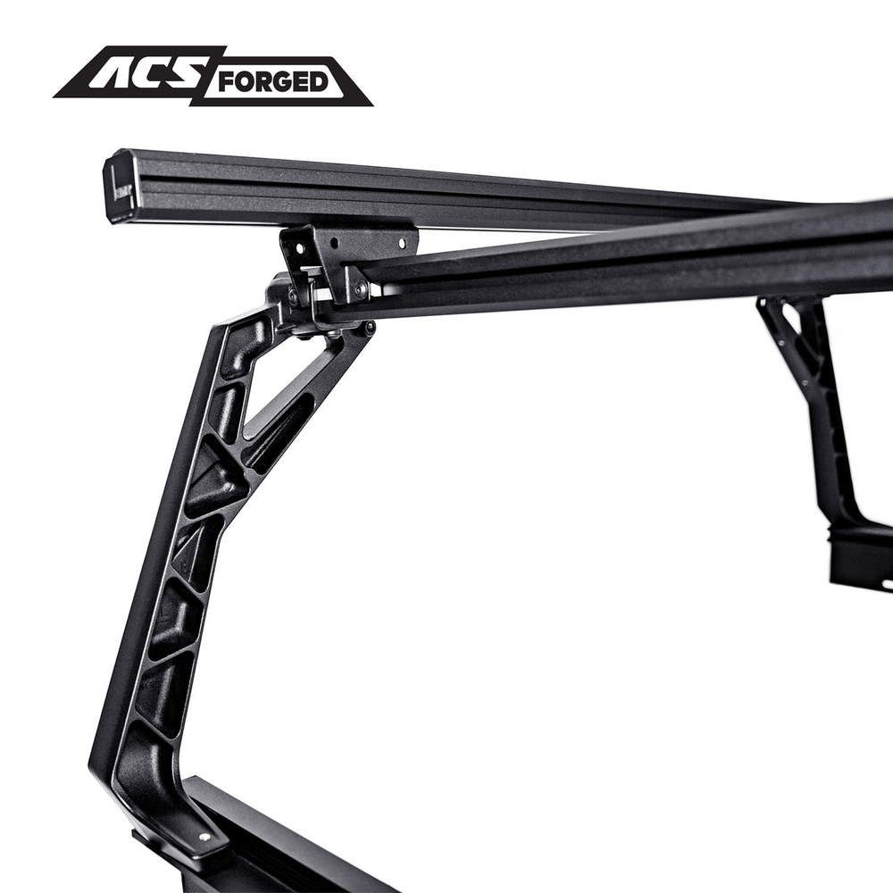 Side perspective of the ACS Forged bed rack structure, showing the geometric cutouts in the forged uprights and the sliding load bar at the top.