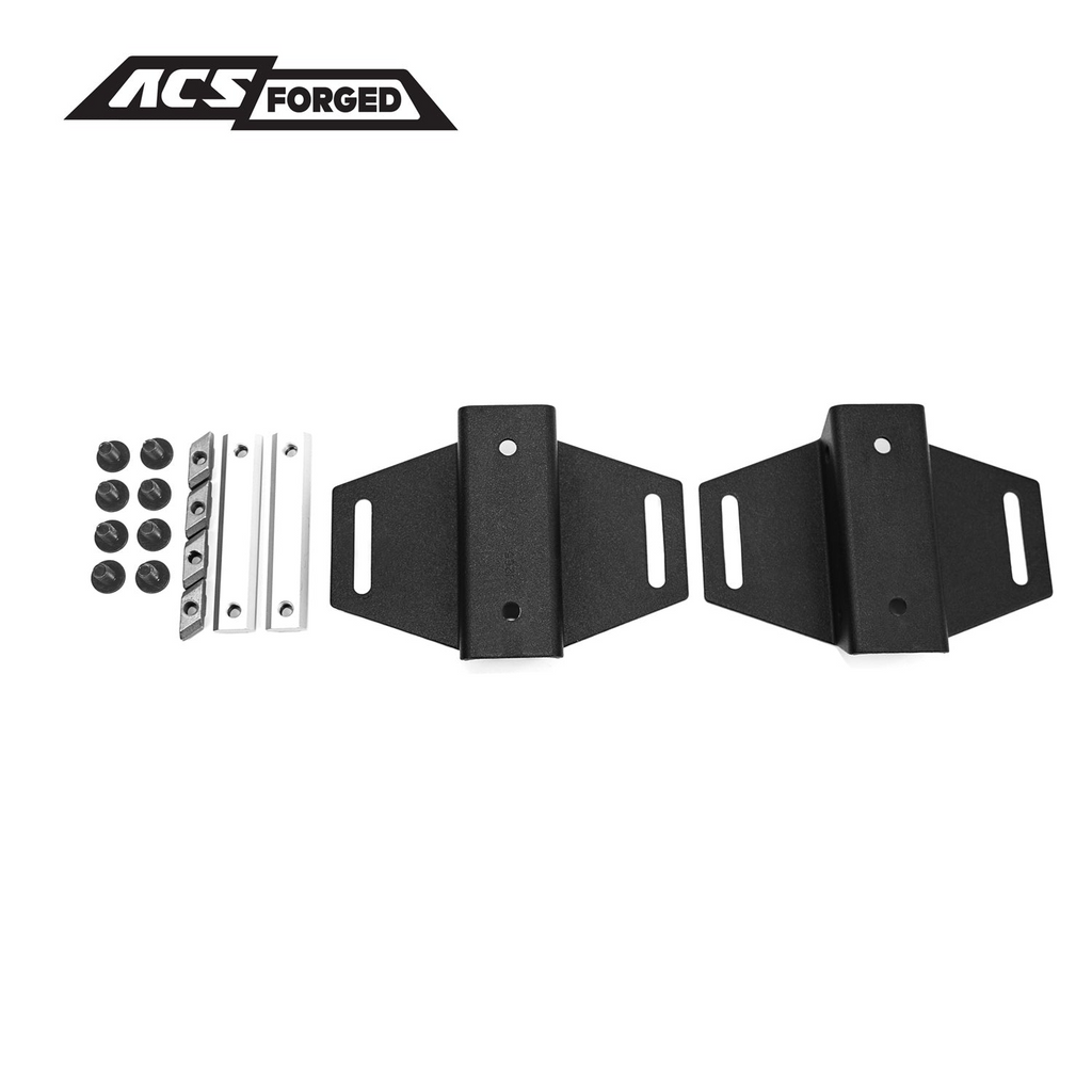 A collection of mounting hardware for the ACS Forged bed rack, including eight black bolts, four sliding T-nuts, two silver spacer bars, and two black powder-coated base brackets.