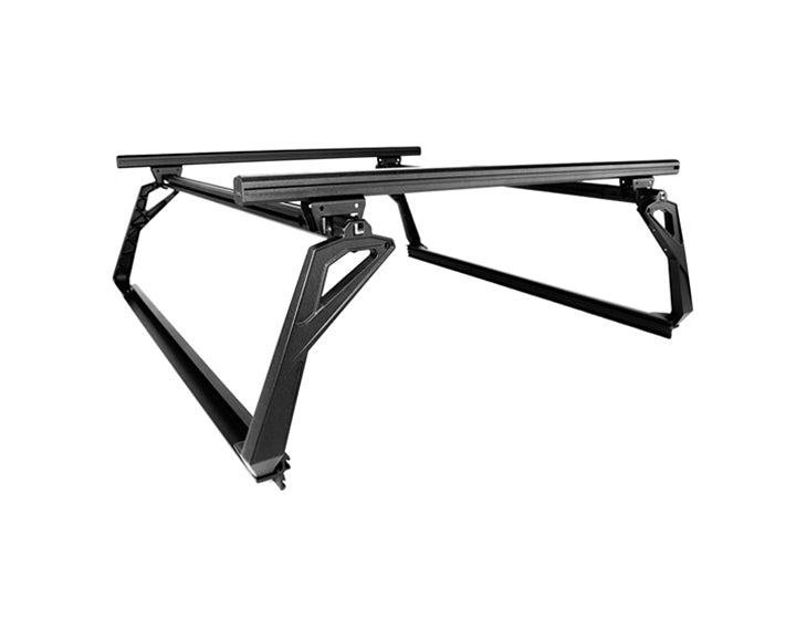 A clean, isolated studio shot of the complete ACS Forged modular truck bed rack system in a matte black finish against a white background.