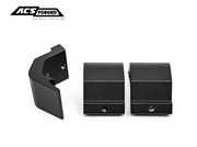 A studio shot of three individual black mounting clamp components against a white background, showing the internal threading and hook design.
