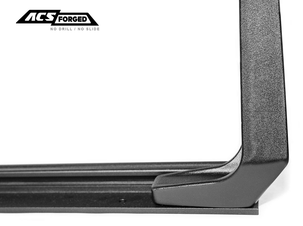 A macro shot focusing on the textured black powder-coat finish and the precise fitment of the forged upright support where it meets the base rail.