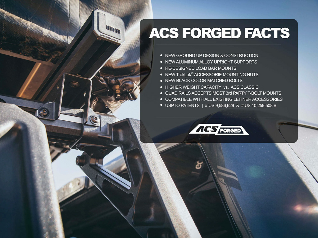 A promotional graphic titled "ACS FORGED FACTS" highlighting key features: ground-up design, aluminum alloy supports, TrakLok mounting nuts, and higher weight capacity than the ACS Classic.