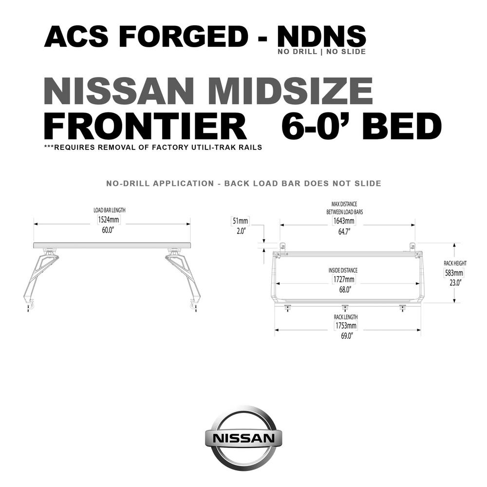 Specification sheet for the ACS Forged rack on a Nissan Frontier with a 6-foot bed. It shows a rack height of 23.0 inches and a max distance between load bars of 64.7 inches.