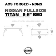 Dimension diagram for the ACS Forged rack fitting a Nissan Titan with a 5-foot 6-inch bed. Key specs include a rack length of 62.0 inches and an inside distance of 61.0 inches.
