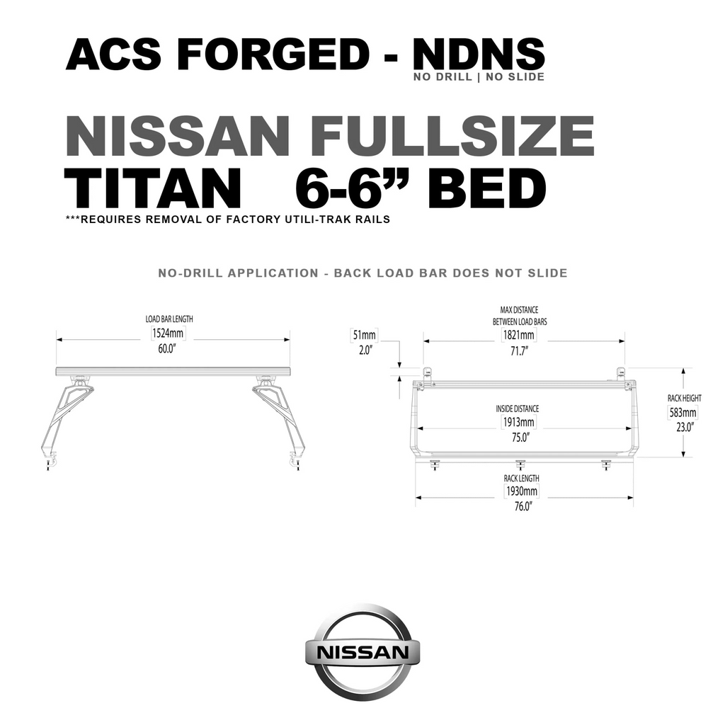 Technical schematic for the ACS Forged rack on a Nissan Titan with a 6-foot 6-inch bed. It lists a rack length of 76.0 inches and a max distance between load bars of 71.7 inches.