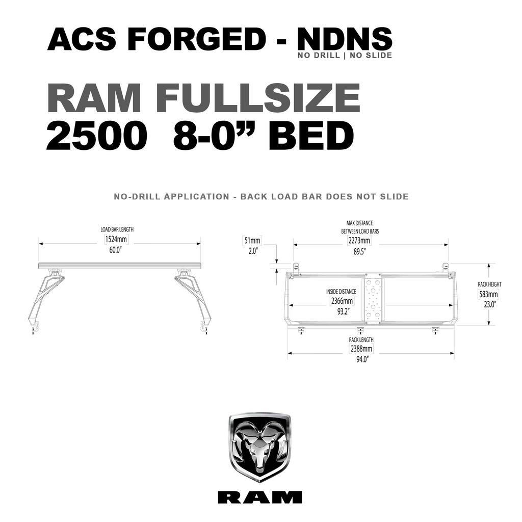 Technical dimension drawing for the ACS Forged bed rack on a RAM Fullsize 2500 with an 8-foot bed. It specifies a load bar length of 60.0", a maximum distance between load bars of 89.5", a total rack length of 94.0", and a rack height of 23.0".
