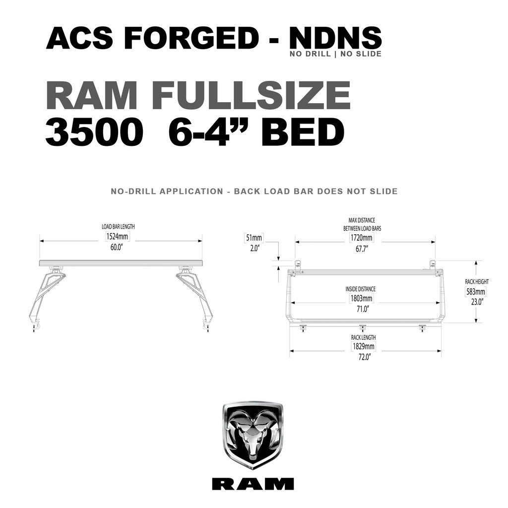 Technical dimension drawing for the ACS Forged bed rack on a RAM Fullsize 3500 with a 6-foot-4-inch bed. It specifies a load bar length of 60.0", a maximum distance between load bars of 67.7", a total rack length of 72.0", and a rack height of 23.0".