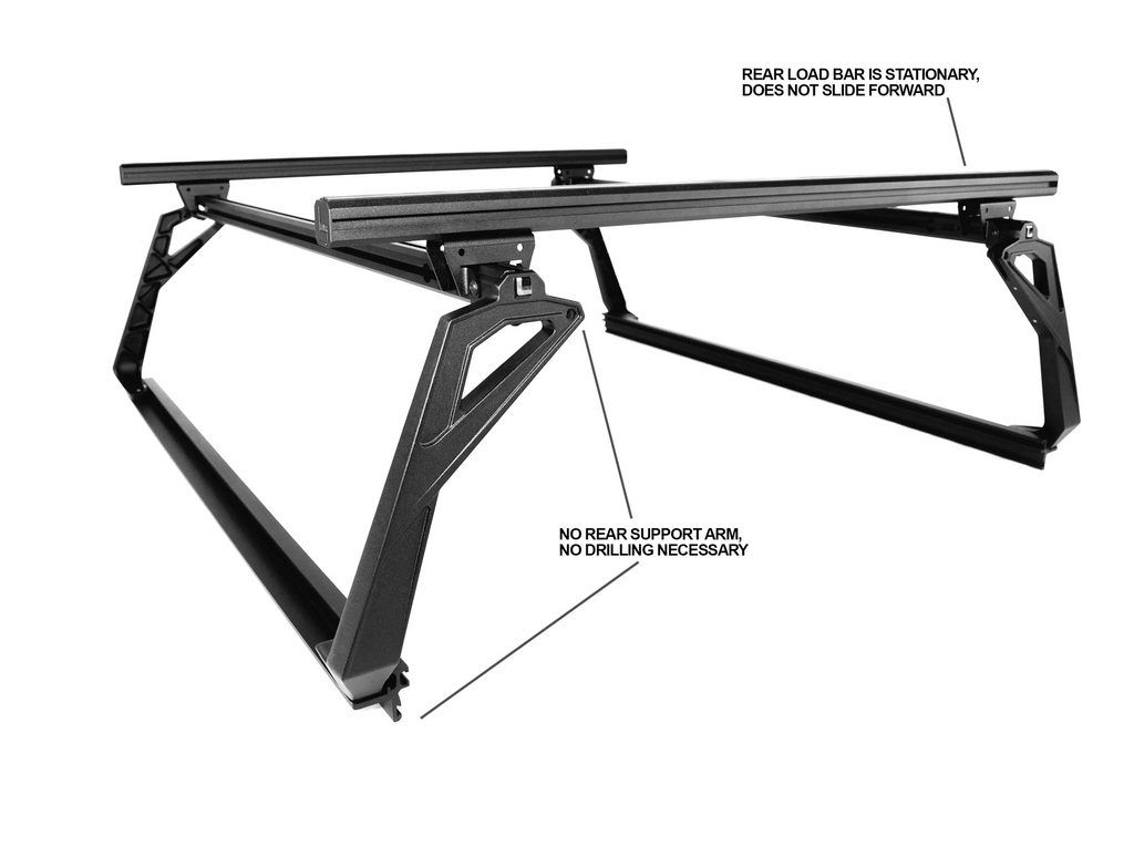Diagram of the full ACS Forged bed rack with callouts noting that the rear load bar is stationary and the system requires no rear support arm or drilling for installation.