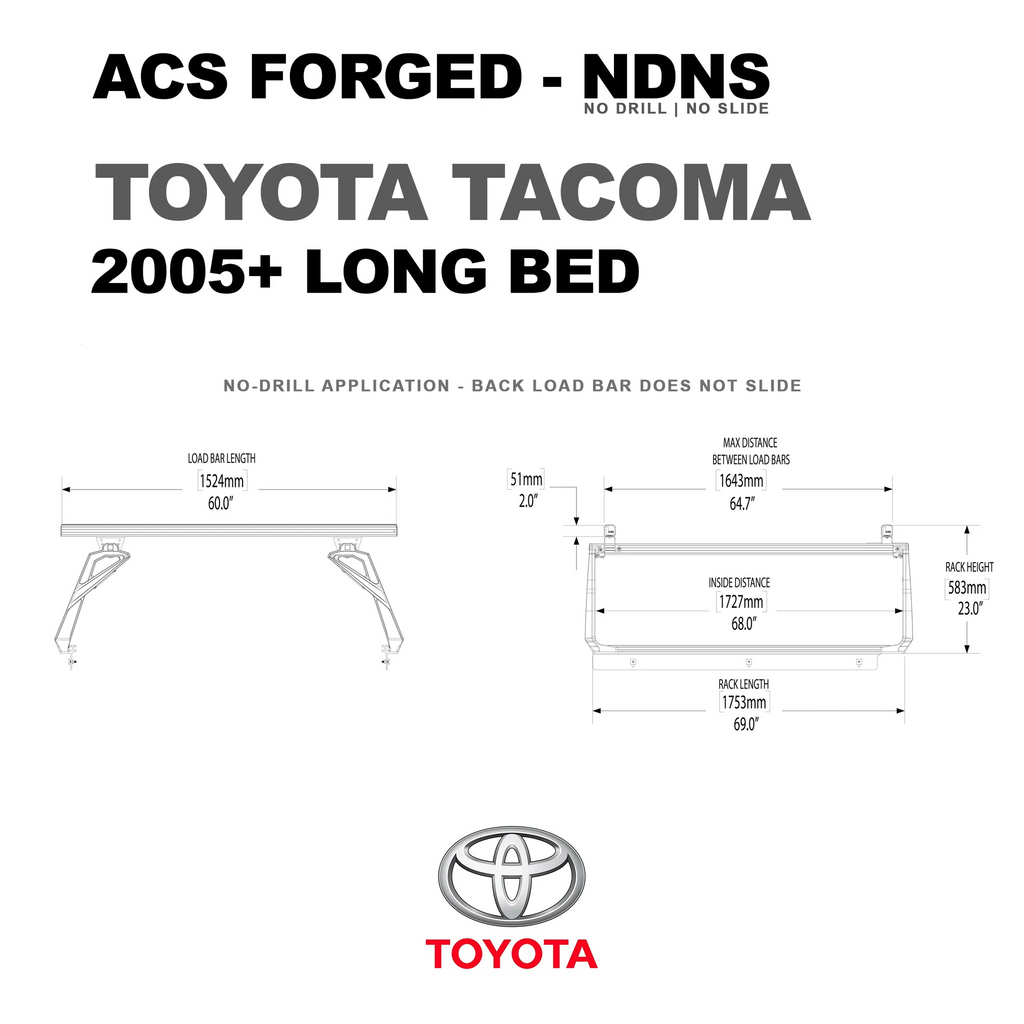 Technical drawing for the 2005+ Toyota Tacoma Long Bed, showing a max distance between load bars of 64.7 inches and a total rack length of 69.0 inches.