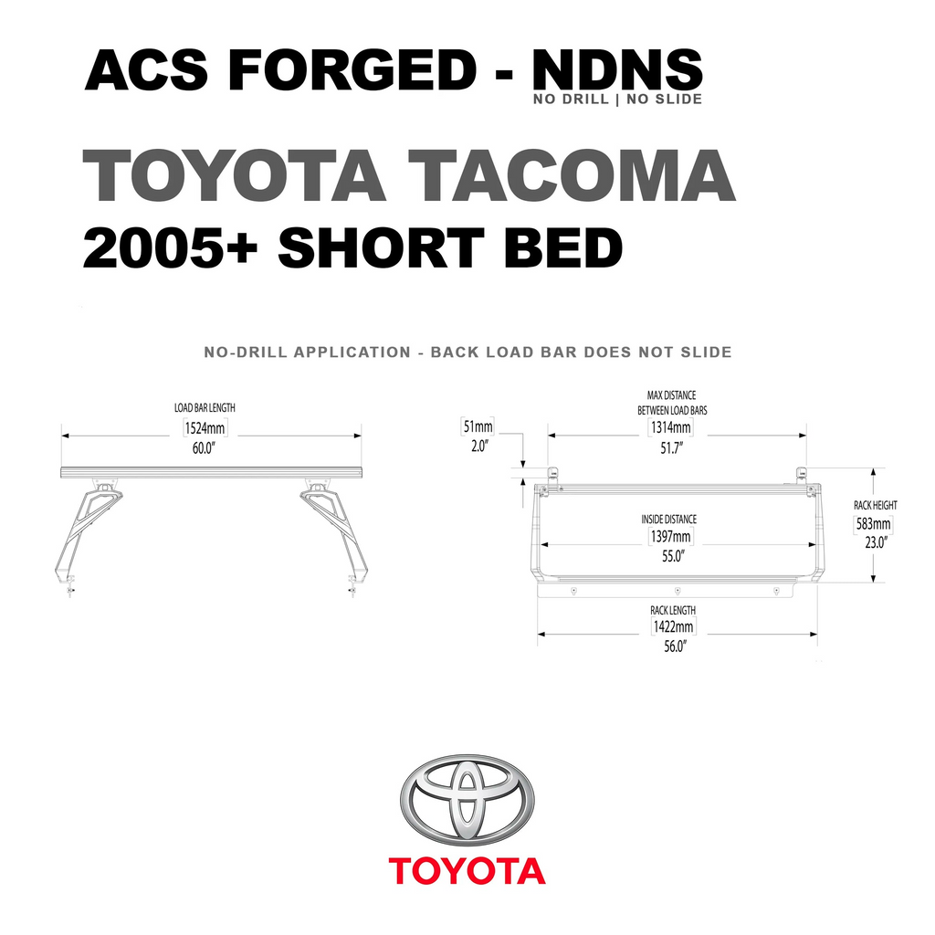 Dimensions for the 2005+ Toyota Tacoma Short Bed rack, highlighting a 56.0-inch rack length and a 51.7-inch maximum distance between the front and rear load bars.