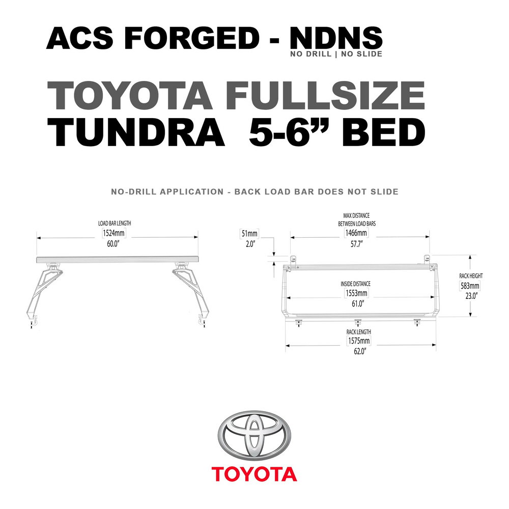 Specification diagram for the Toyota Tundra 5-foot 6-inch bed, detailing a total rack length of 62.0 inches and an inside mounting distance of 61.0 inches.