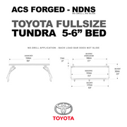 Specification diagram for the Toyota Tundra 5-foot 6-inch bed, detailing a total rack length of 62.0 inches and an inside mounting distance of 61.0 inches.