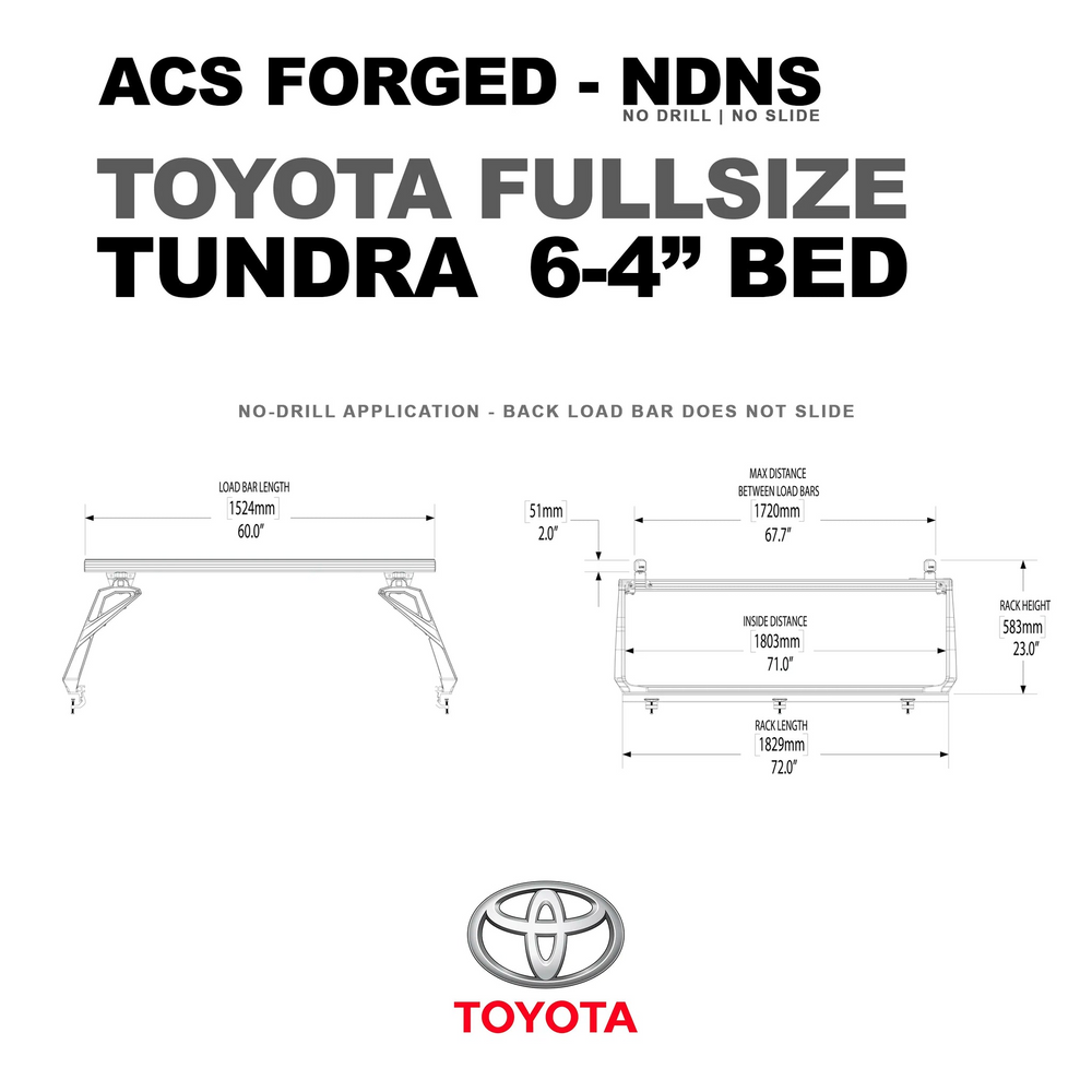 Product dimensions for the Toyota Tundra 6-foot 4-inch bed, featuring a 60.0-inch load bar length and a maximum distance between load bars of 67.7 inches.