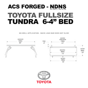Product dimensions for the Toyota Tundra 6-foot 4-inch bed, featuring a 60.0-inch load bar length and a maximum distance between load bars of 67.7 inches.