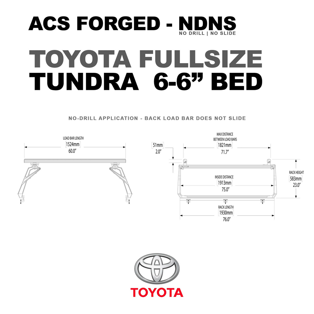Dimensional drawing for the Toyota Tundra 6-foot 6-inch bed application, indicating a rack height of 23.0 inches, a rack length of 76.0 inches, and an inside distance of 75.0 inches.